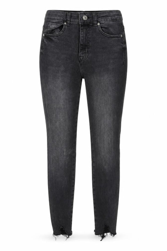 Front view of Denim & Co. women’s grey cotton skinny jeans, size UK 6, 25-inch leg regular zip - distressed hems