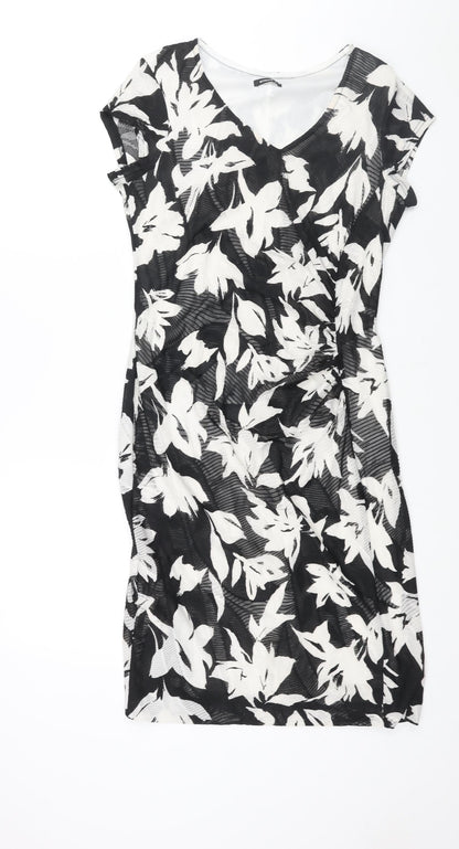Additional front view of Roman women’s black floral polyester shift, size UK 12, v-neck pullover - rouched