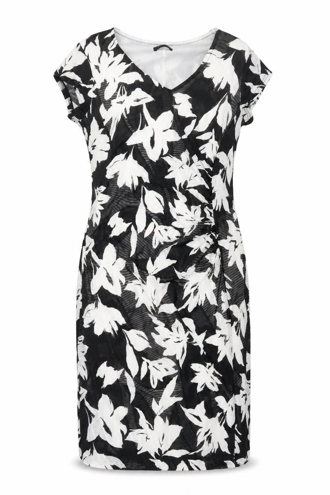Roman Womens Black Floral Polyester Shift Size 12 V-Neck Pullover - Rouched