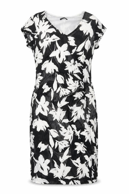 Front view of Roman women’s black floral polyester shift, size UK 12, v-neck pullover - rouched