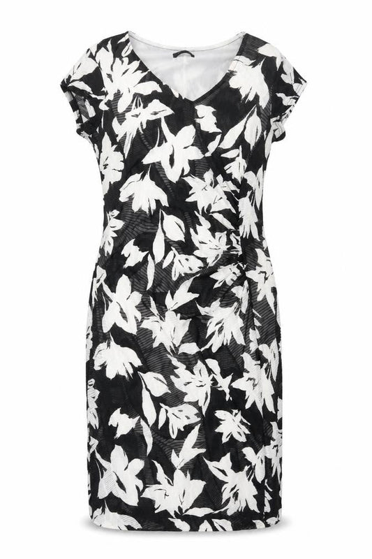 Roman Womens Black Floral Polyester Shift Size 12 V-Neck Pullover - Rouched