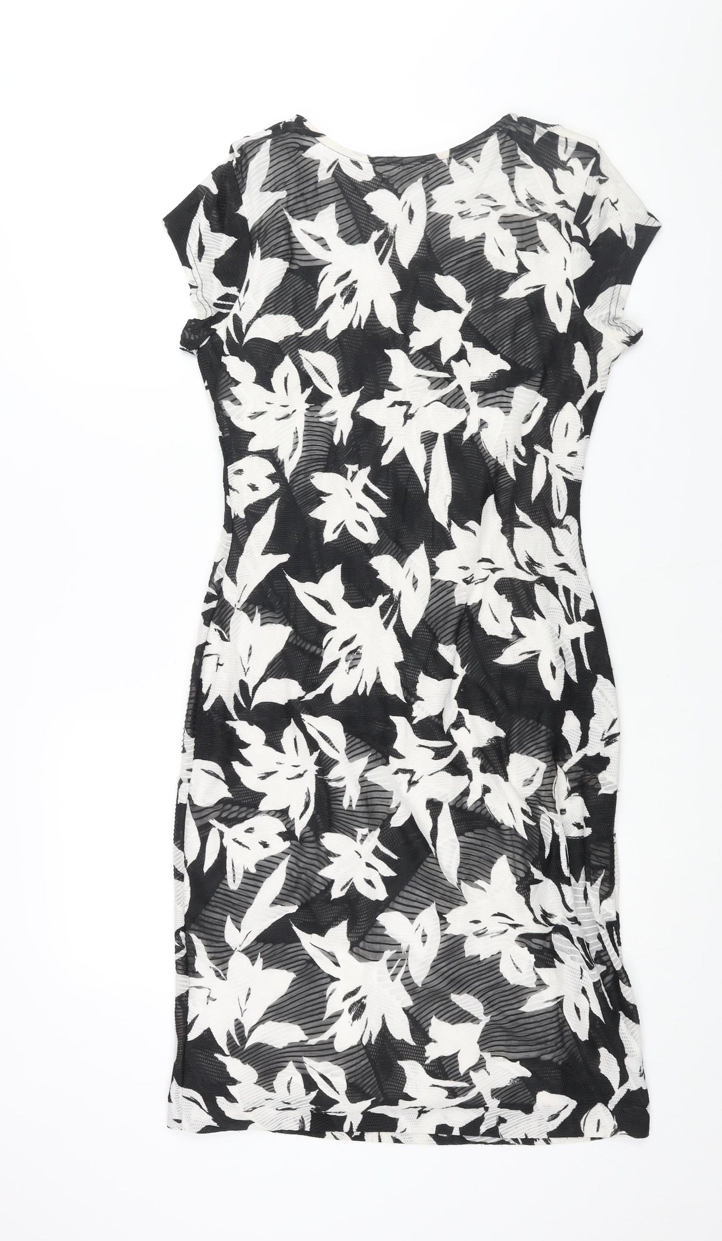 Roman Womens Black Floral Polyester Shift Size 12 V-Neck Pullover - Rouched