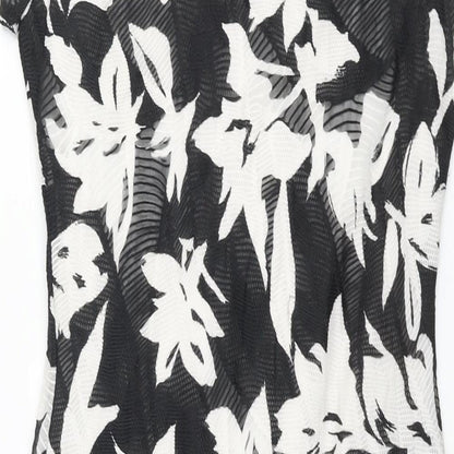 Brand and care label for Roman women’s black floral polyester shift, size UK 12, v-neck pullover - rouched