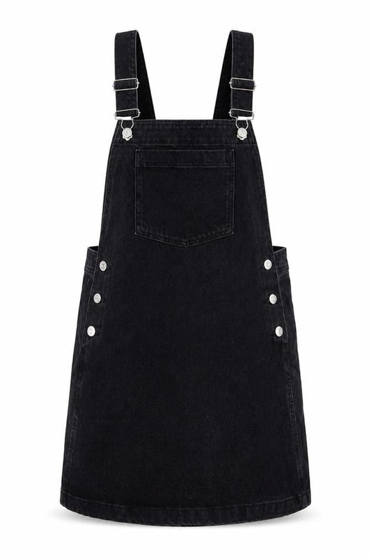 Mango Womens Black Cotton Pinafore/Dungaree Dress Size 8 Square Neck Button