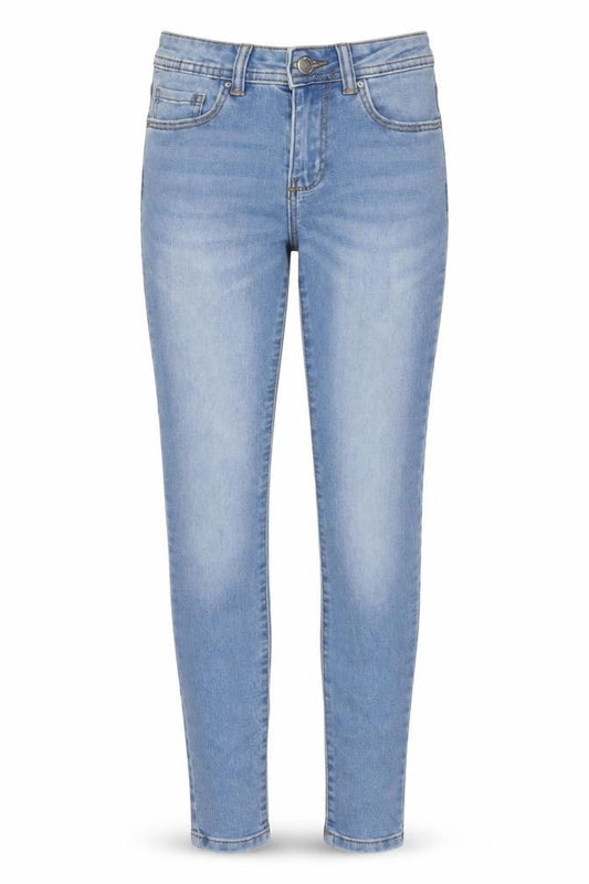 Front view of Denim & Co. women’s blue cotton skinny jeans, size UK 6, 28-inch leg regular zip