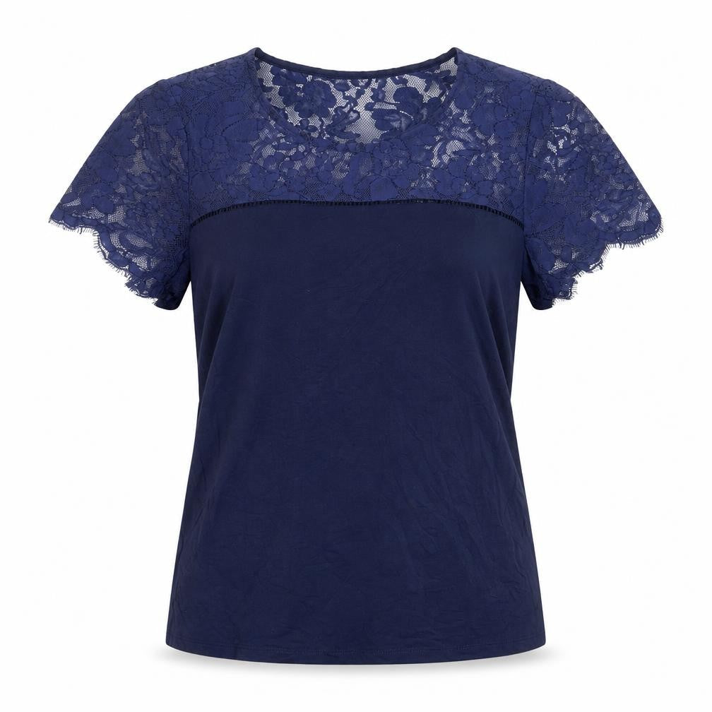 Pieces Womens Blue Viscose Basic T-Shirt Size M Crew Neck - Lace
