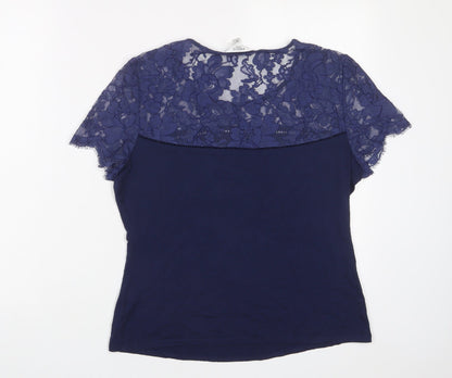 Pieces Womens Blue Viscose Basic T-Shirt Size M Crew Neck - Lace