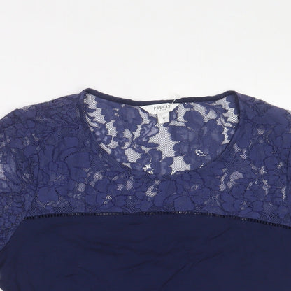 Pieces Womens Blue Viscose Basic T-Shirt Size M Crew Neck - Lace