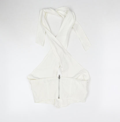 Back view of Missguided women’s white polyester wrap tank, size UK 10, halter - cropped