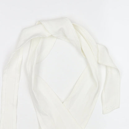 Close-up detail of Missguided women’s white polyester wrap tank, size UK 10, halter - cropped