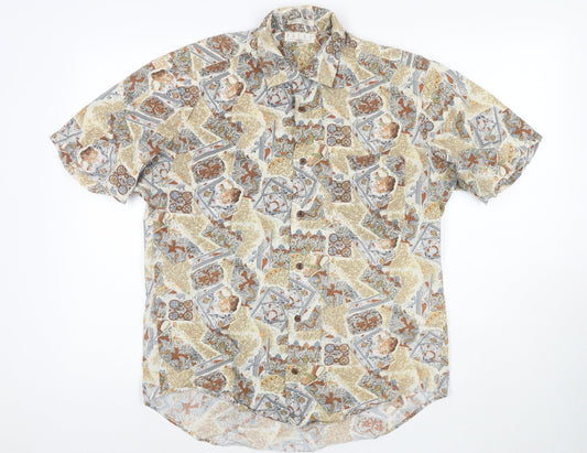Focus 2000 Womens Beige Geometric Cotton Basic Button-Up Size M Collared