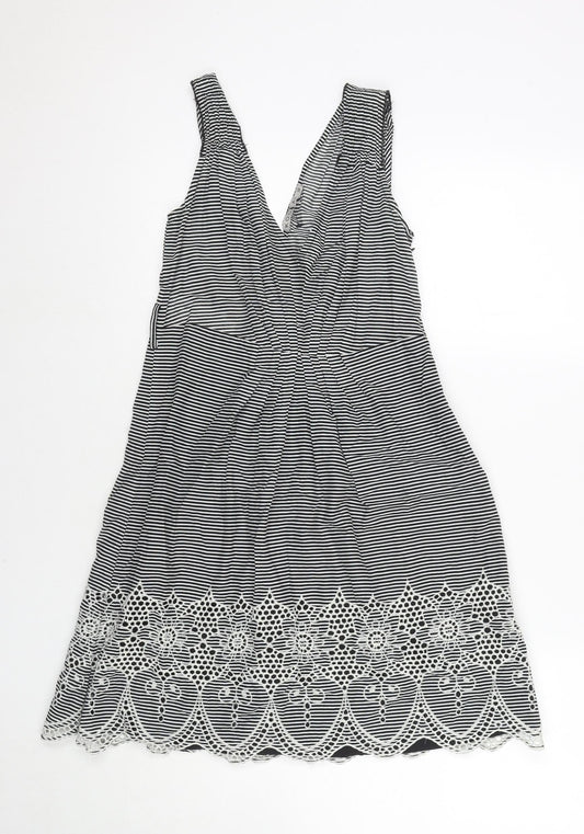 Kookai Womens Black Striped Cotton Tank Dress Size 10 V-Neck Zip