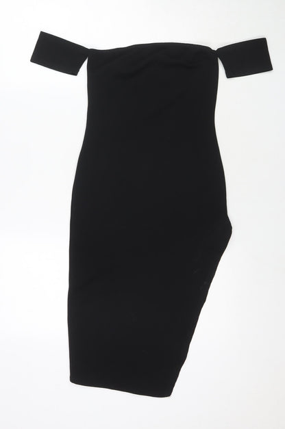 PRETTYLITTLETHING Womens Black Polyester Bodycon Size 8 Off the Shoulder Pullover - Side Slit(s)