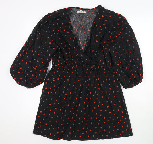 Glamours Womens Black Polka Dot Cotton Fit & Flare Size 12 V-Neck Pullover