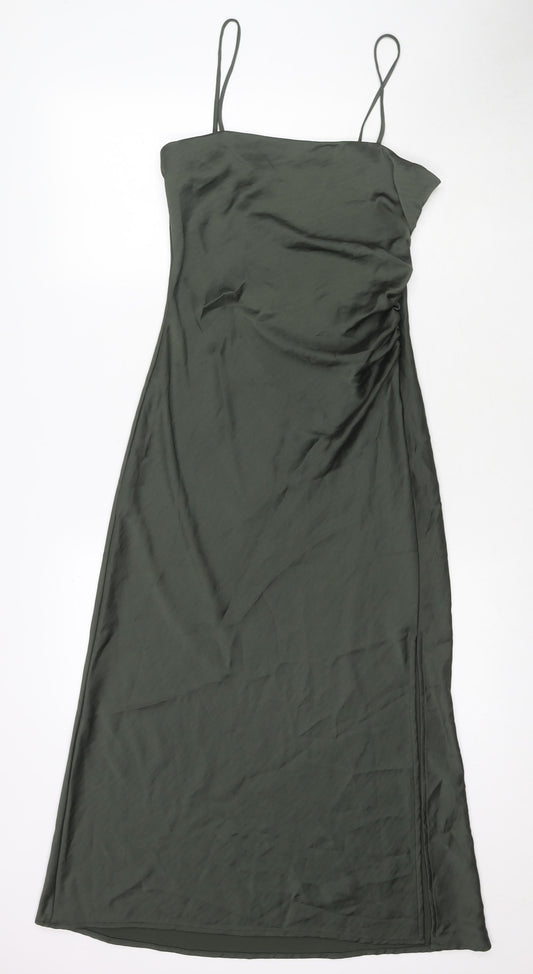 Zara Womens Green Polyester Slip Dress Size S Cowl Neck Zip - Side Slit(s)
