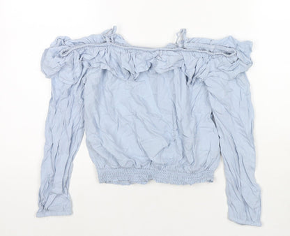Additional front view of H&M girls’ blue viscose basic t-shirt, size 11, years off the shoulder pullover