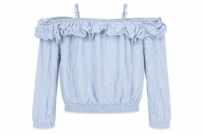 Front view of H&M girls’ blue viscose basic t-shirt, size 11, years off the shoulder pullover