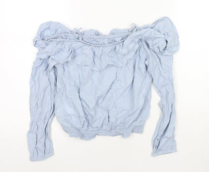 Back view of H&M girls’ blue viscose basic t-shirt, size 11, years off the shoulder pullover