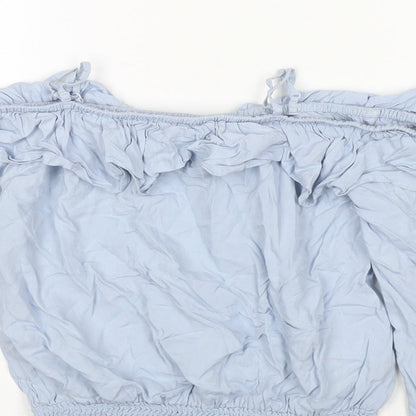 Close-up detail of H&M girls’ blue viscose basic t-shirt, size 11, years off the shoulder pullover