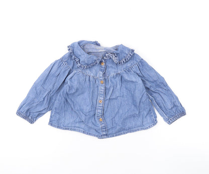 Additional front view of Denim & Co. girls’ blue cotton basic button-up, size 9-12, months collared button