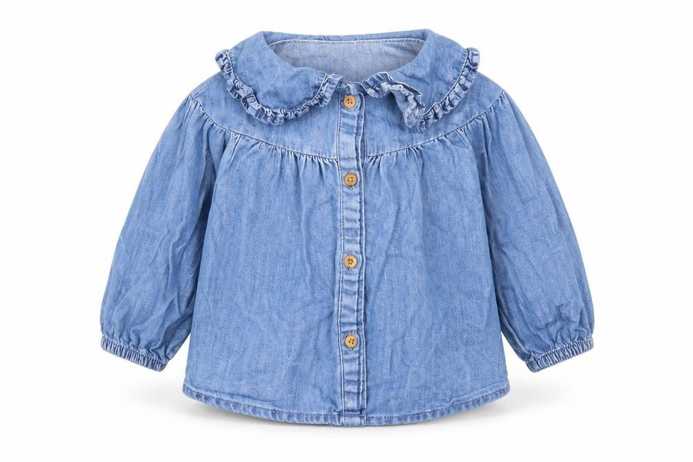 Denim & Co. Girls Blue Cotton Basic Button-Up Size 9-12 Months Collared Button