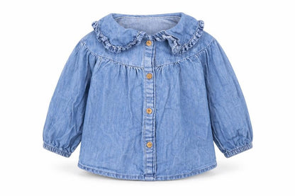 Front view of Denim & Co. girls’ blue cotton basic button-up, size 9-12, months collared button