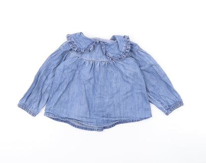 Back view of Denim & Co. girls’ blue cotton basic button-up, size 9-12, months collared button