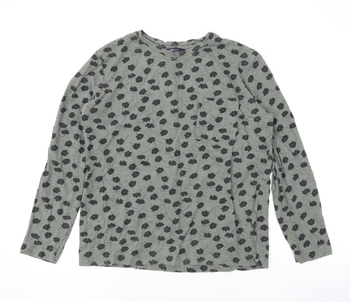 Marks and Spencer Womens Green Floral Cotton Basic Blouse Size 8 Round Neck