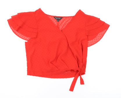 Additional front view of Miss Selfridge women’s red polka dot polyester basic blouse, size UK 12, v-neck