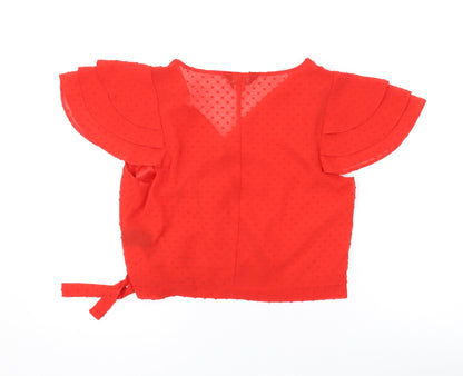 Back view of Miss Selfridge women’s red polka dot polyester basic blouse, size UK 12, v-neck