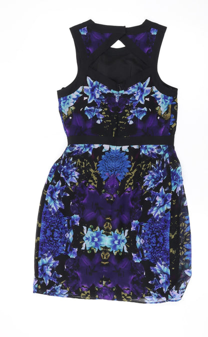 Limited Edition Womens Blue Floral Polyester A-Line Size 8 Round Neck Zip