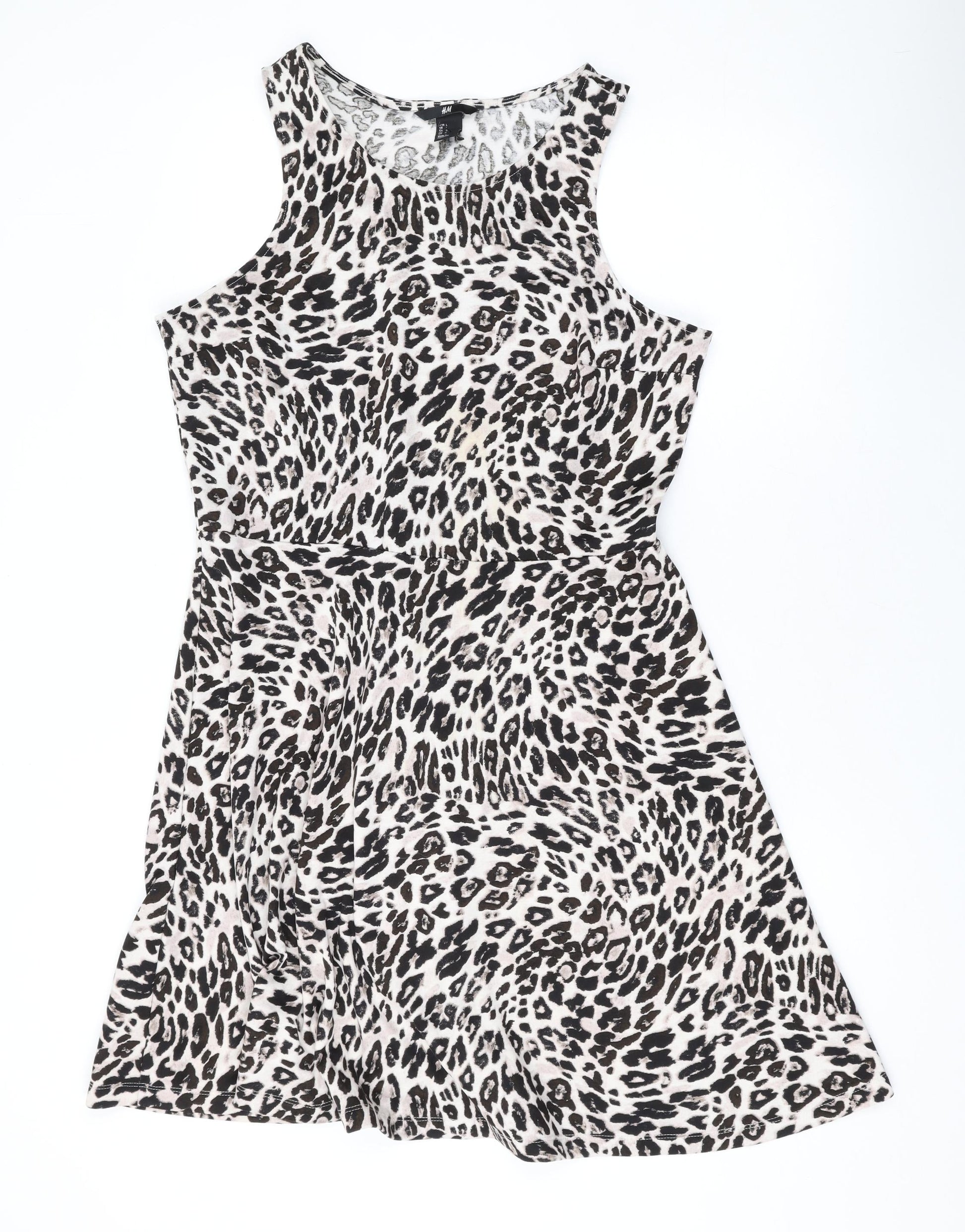 h&m white skater dress H&M Womens Beige Animal Print Polyester Skater Dress Size L Scoop Neck – Prewornwholesale