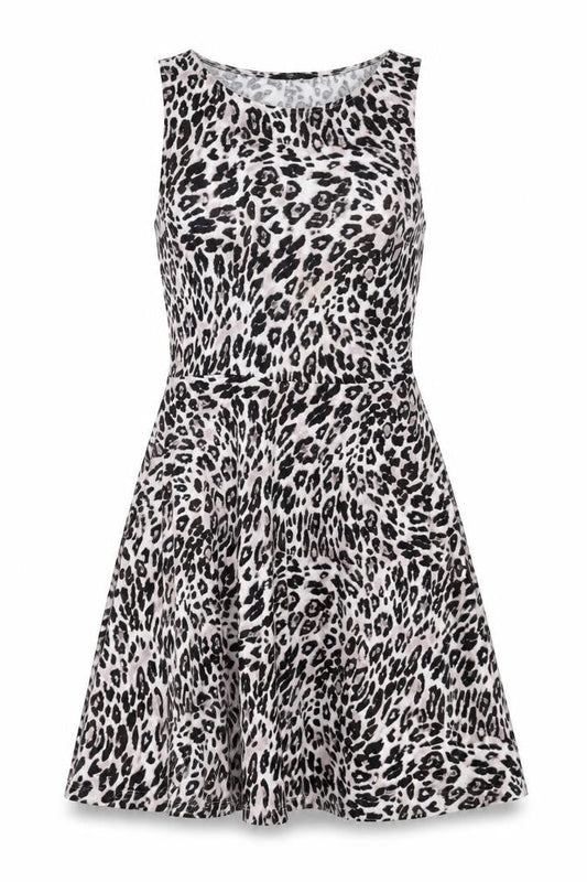 H&M Womens Beige Animal Print Polyester Skater Dress Size L Scoop Neck Pullover