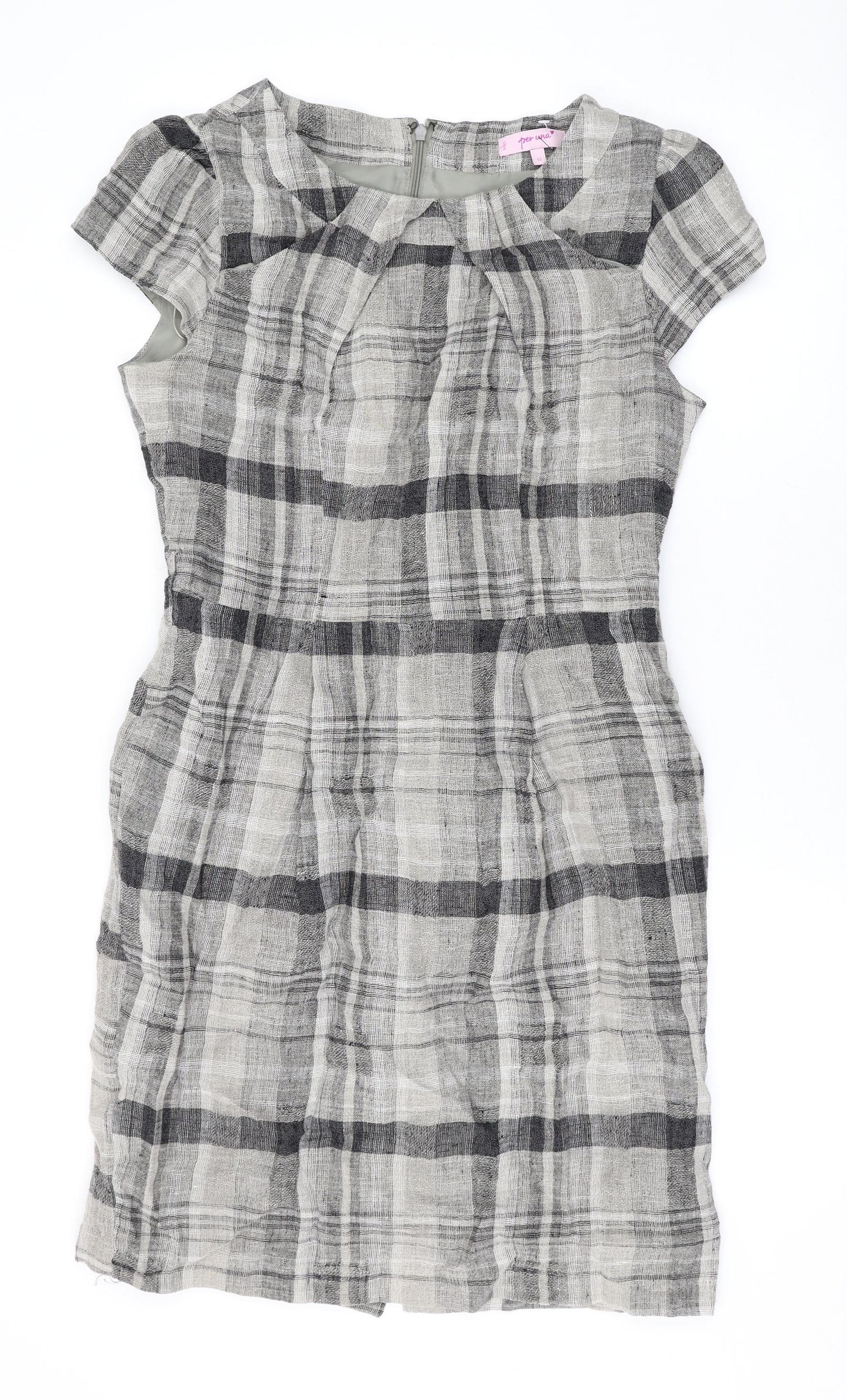 Per Una Womens Brown Plaid Linen Pencil Dress Size 12 Round Neck Zip