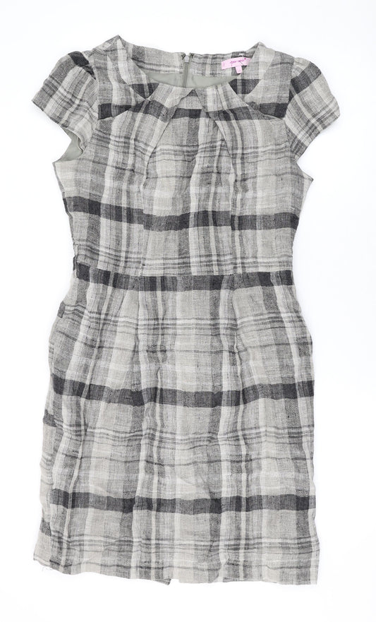 Per Una Womens Brown Plaid Linen Pencil Dress Size 12 Round Neck Zip