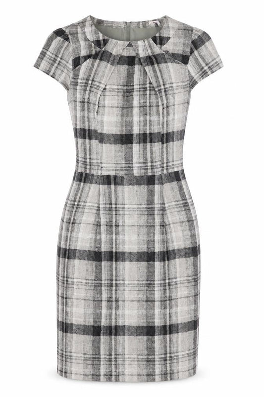 Per Una Womens Brown Plaid Linen Pencil Dress Size 12 Round Neck Zip