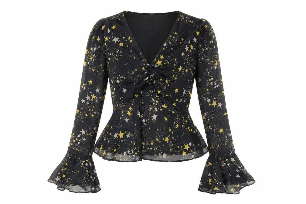 Koovs Womens Black Geometric Polyester Basic Blouse Size S V-Neck - Star Print