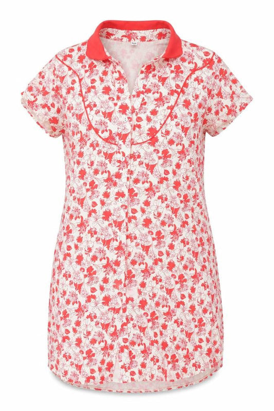 Uniqlo Womens Red Floral Cotton T-Shirt Dress Size L Collared Button