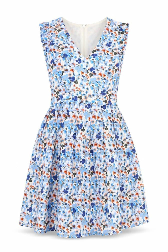 Marks & Spencer Womens Blue Floral Polyester Skater Dress Size 8 V-Neck Zip