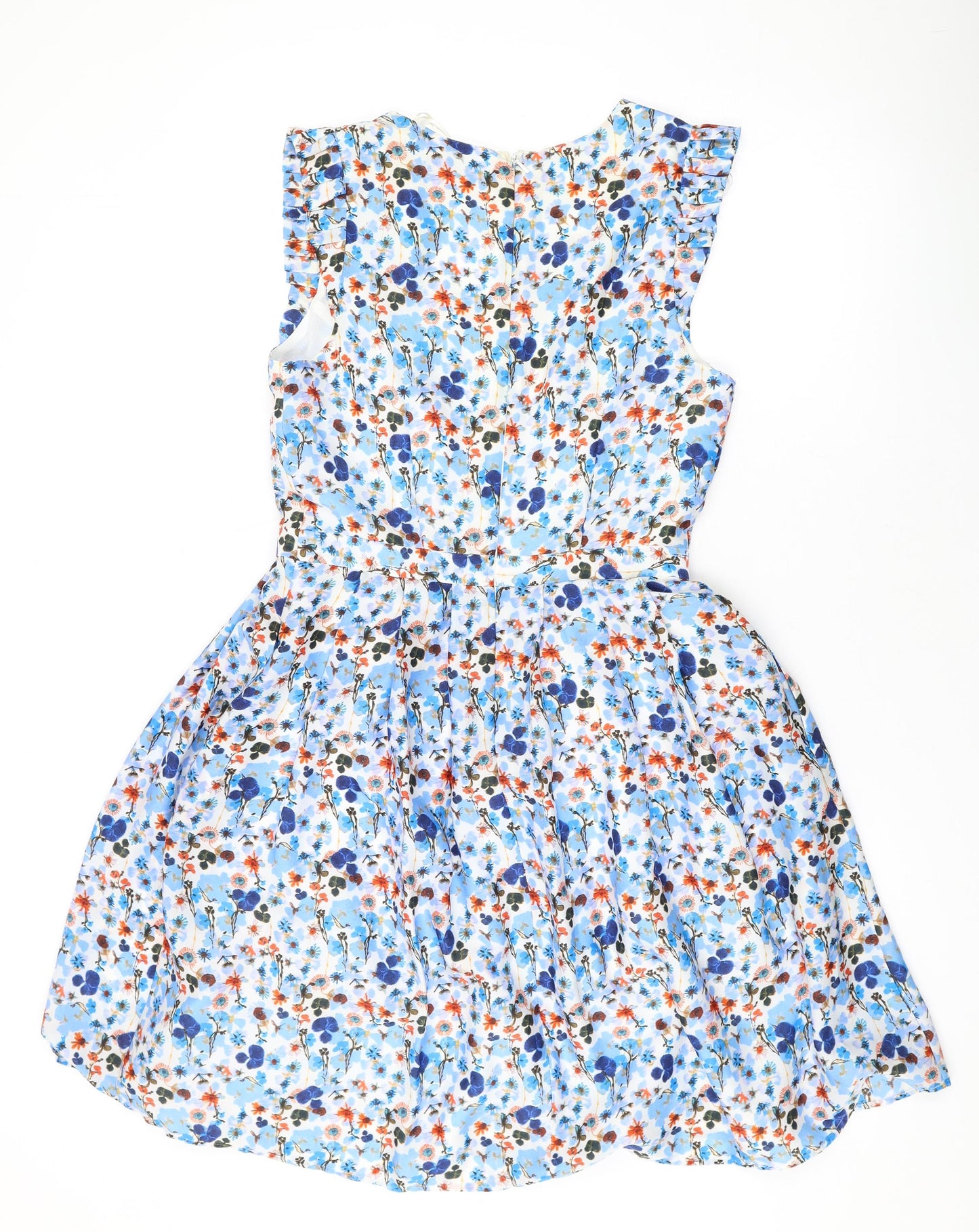 Marks and Spencer Womens Blue Floral Polyester Skater Dress Size 8 V-Neck Zip
