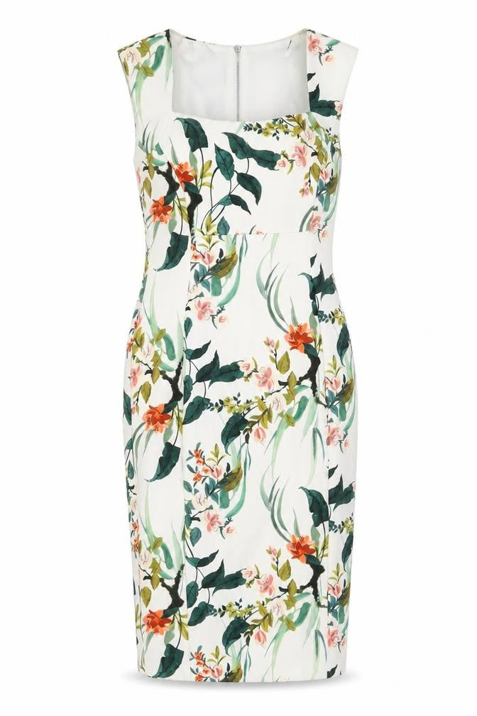 Marks & Spencer Womens White Floral Polyester Bodycon Size 8 Square Neck Zip