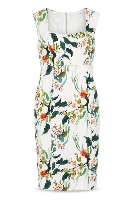 Marks & Spencer Womens White Floral Polyester Bodycon Size 8 Square Neck Zip