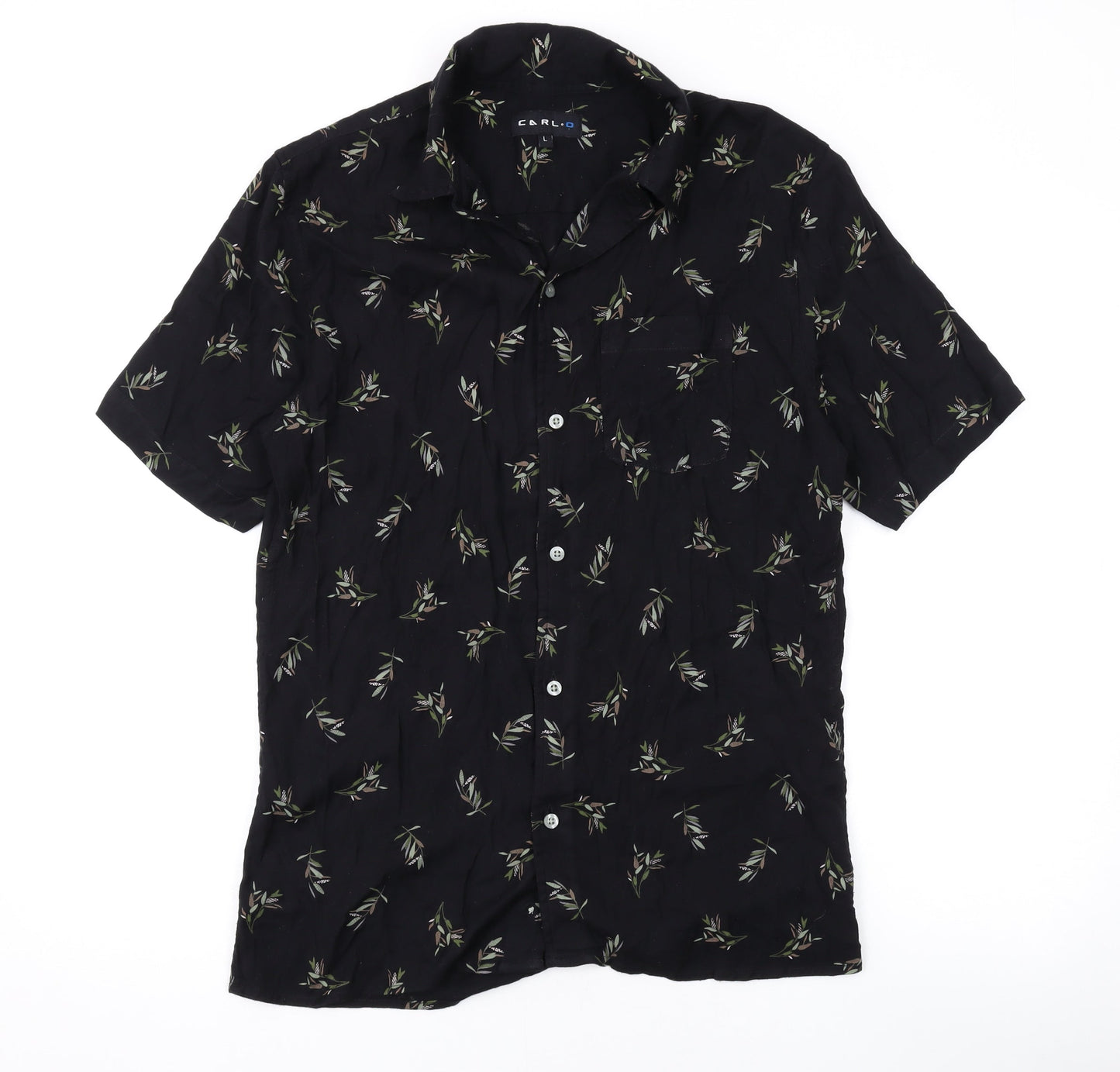Carlo Mens Black Geometric Cotton Button-Up Size L Collared Button