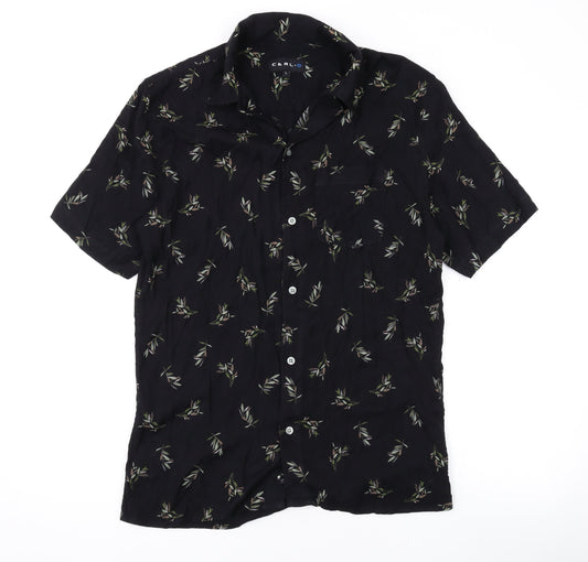 Carlo Mens Black Geometric Cotton Button-Up Size L Collared Button