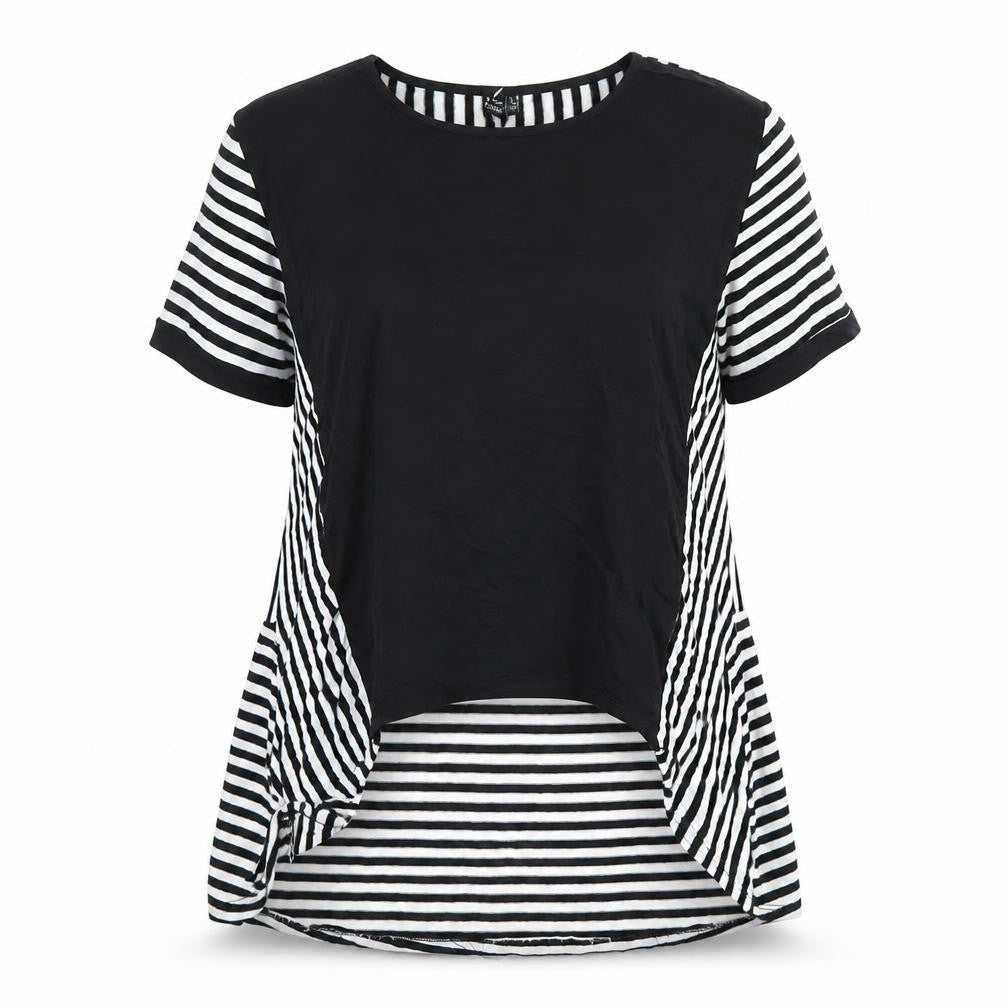 Izabel London Womens Black Striped Polyester Basic T-Shirt Size 12 Round Neck