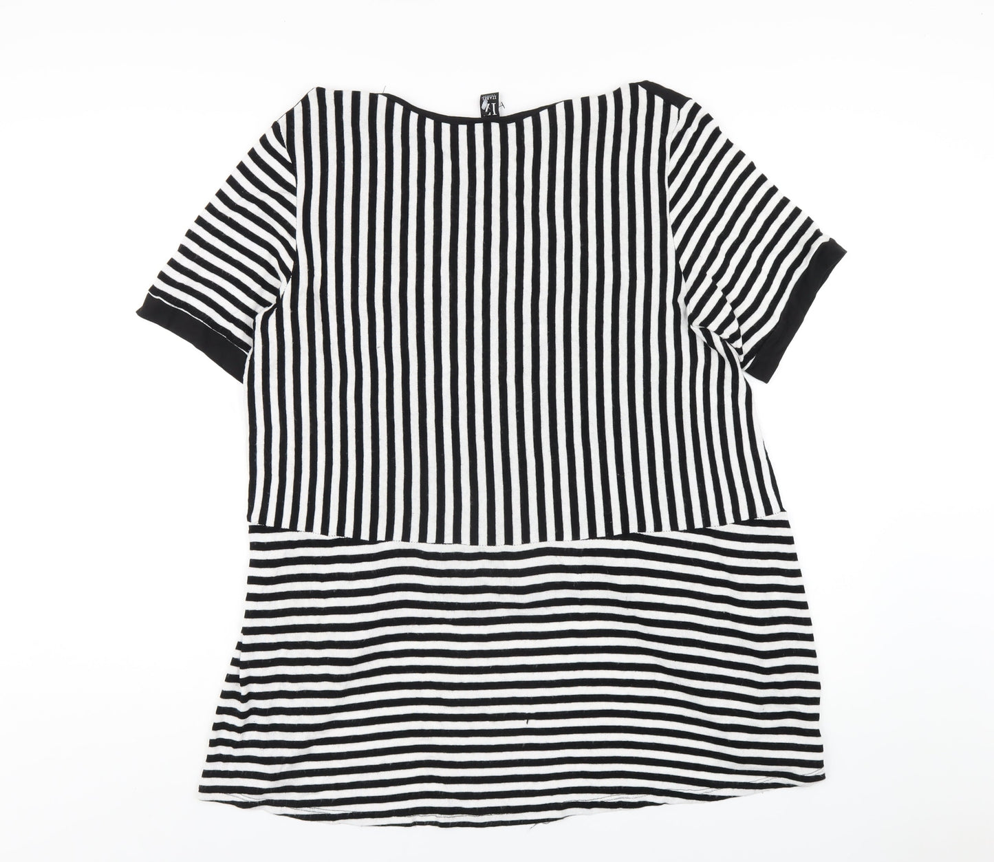 Izabel London Womens Black Striped Polyester Basic T-Shirt Size 12 Round Neck