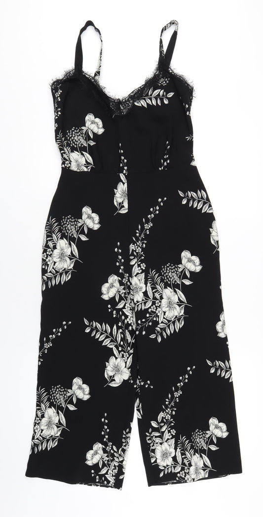 Miss Selfridge Womens Black Floral Polyester Jumpsuit One-Piece Size 10 L21 in Zip