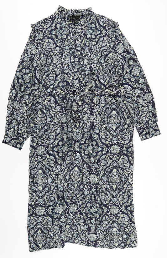 Phase Eight Womens Blue Geometric Viscose A-Line Size 16 Mock Neck Button