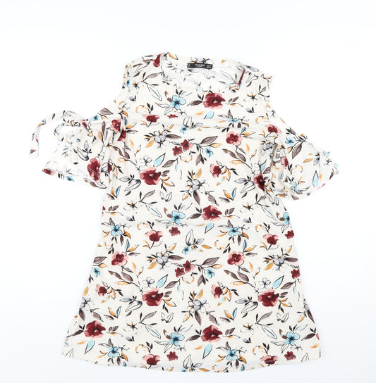 Mango Womens Ivory Floral Polyester Basic T-Shirt Size XS Round Neck