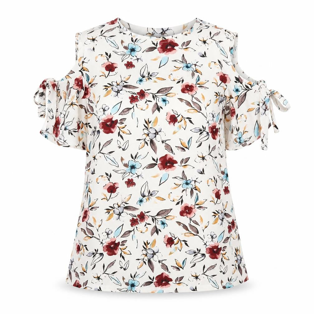 Mango Womens Ivory Floral Polyester Basic T-Shirt Size XS Round Neck